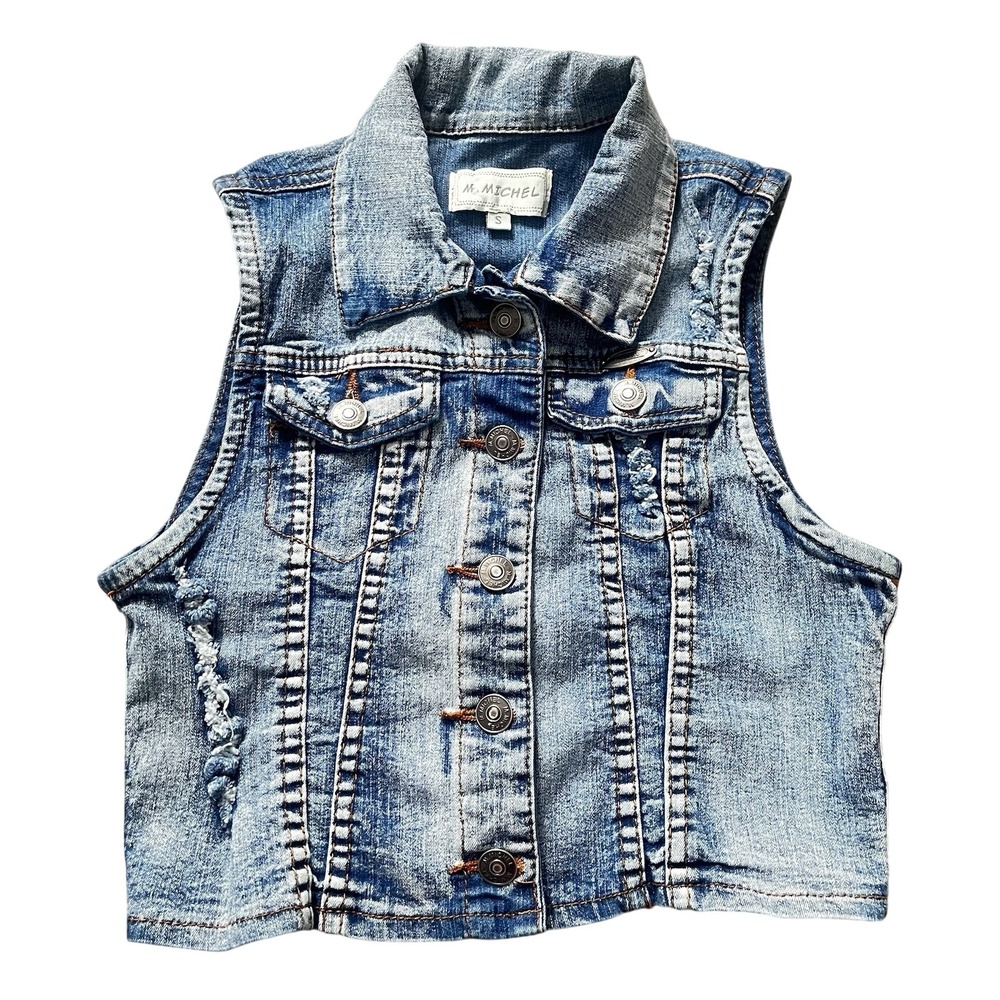 M. Michel Juniors Small Blue Sleeveless Cropped Jean Jacket Distressed